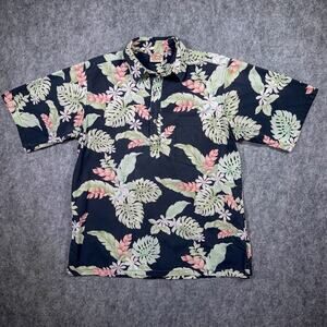 Vtg Go Barefoot Hawaiian Shirt Reverse Print 1/4 Button Resort Black Hawaii USA
